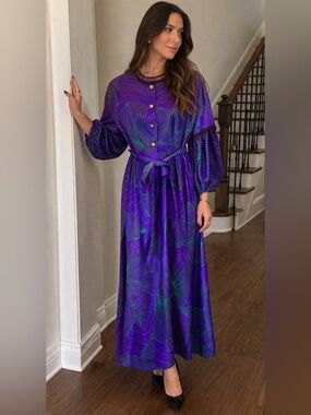 Vintage Handmade Purple Maxi Dress Belted Statement Print Boho Art Dress S/M